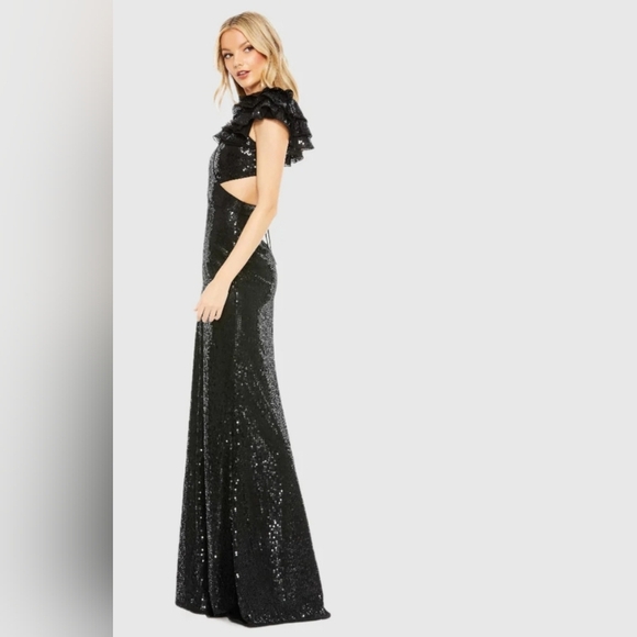 Mac Duggal, Sequined Ruffled Cut-out Lace-up Gown, Black, Size 8‎ - NWOT. - Picture 3 of 13